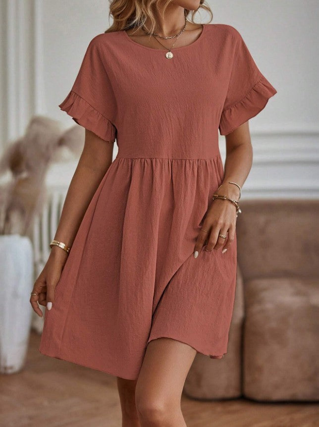 Robe élégante à col rond, ample en coton et lin