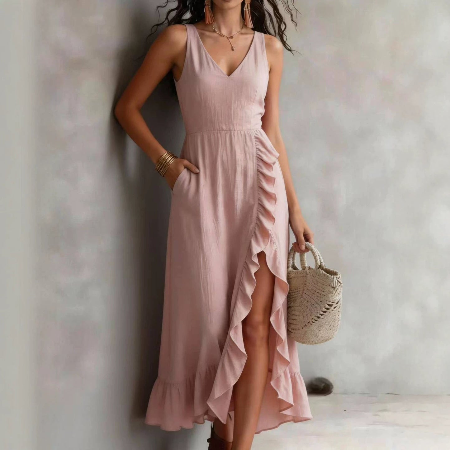 Robe élégante fendue, col en V et détails volantés