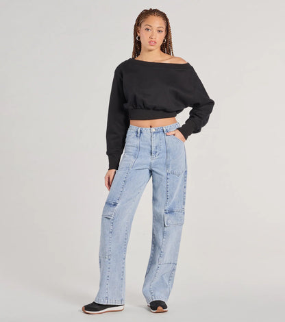 Cutie Alert Long Sleeve Fleece Crop Sweatshirt