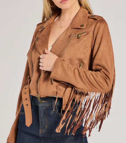 Western Chic Flair Faux Suede Fringe Moto Jacket