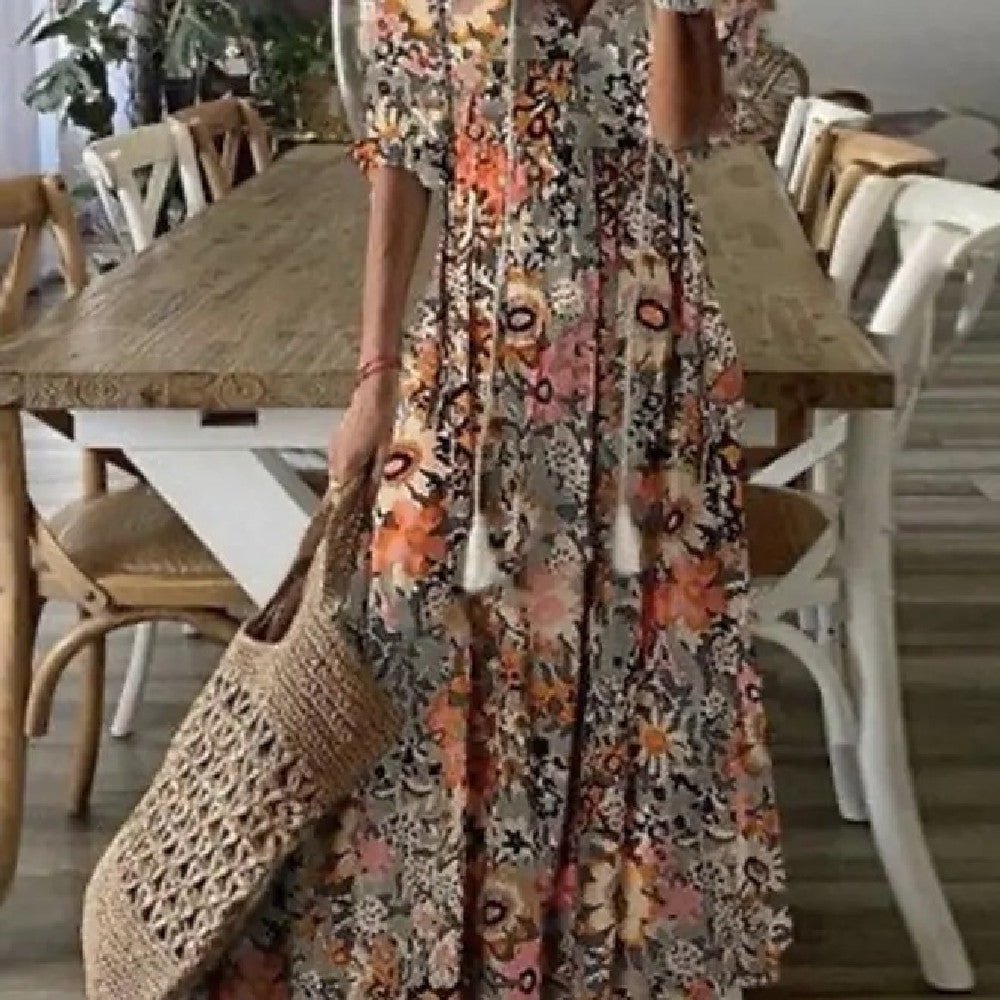 Robe longue imprimée à manches mi‑longues pour femme