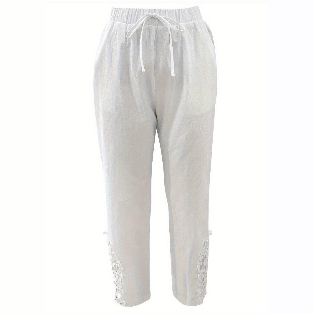 Pantalon casual droit pour femme, détails en dentelle et cordon ajustable