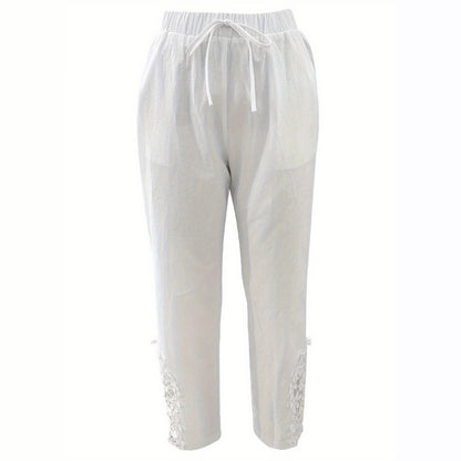 Pantalon casual droit pour femme, détails en dentelle et cordon ajustable