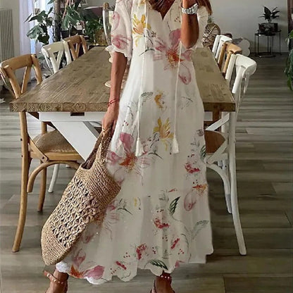 Robe longue imprimée à manches mi‑longues pour femme
