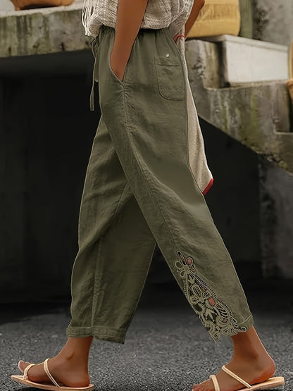 Pantalon casual droit pour femme, détails en dentelle et cordon ajustable