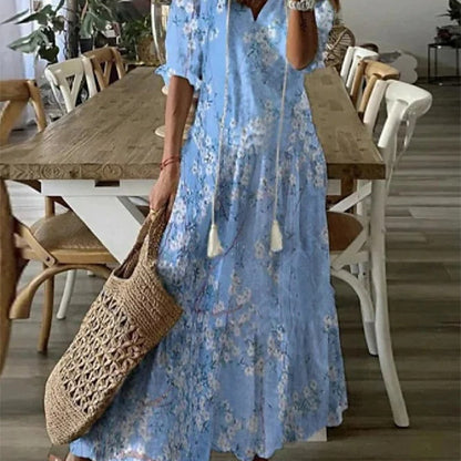 Robe longue imprimée à manches mi‑longues pour femme