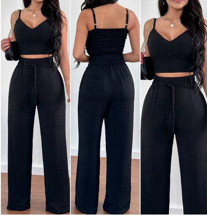 Ensemble chic deux pièces femme : top dos nu et pantalon large