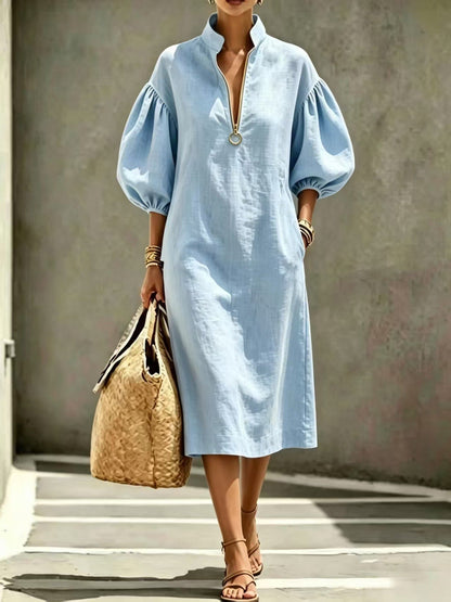 Robe Décontractée Femme – Col Montant, Manches Bouffantes, Demi‑Zip