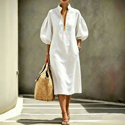Robe Décontractée Femme – Col Montant, Manches Bouffantes, Demi‑Zip