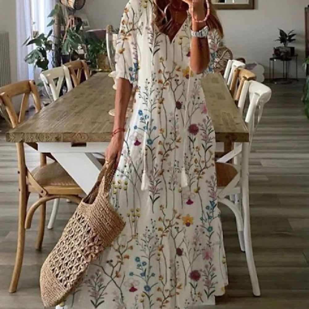 Robe longue imprimée à manches mi‑longues pour femme