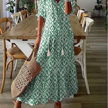 Robe longue imprimée à manches mi‑longues pour femme