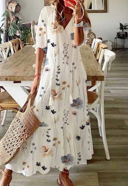 Robe longue imprimée à manches mi‑longues pour femme