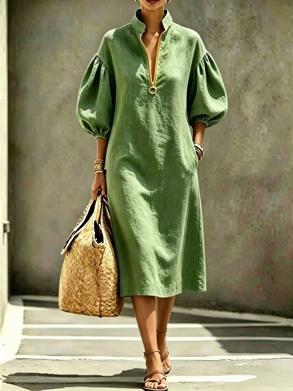 Robe Décontractée Femme – Col Montant, Manches Bouffantes, Demi‑Zip
