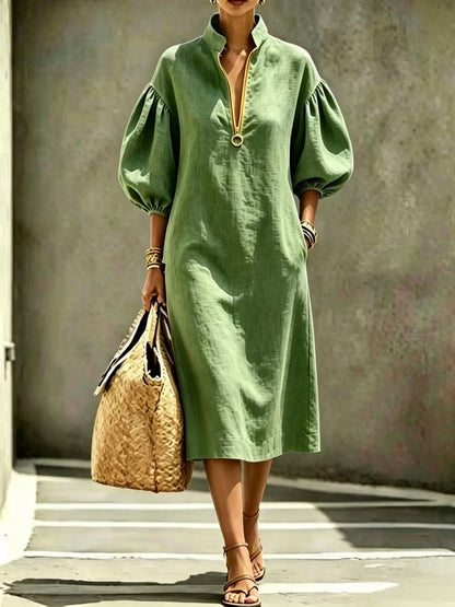 Robe Décontractée Femme – Col Montant, Manches Bouffantes, Demi‑Zip