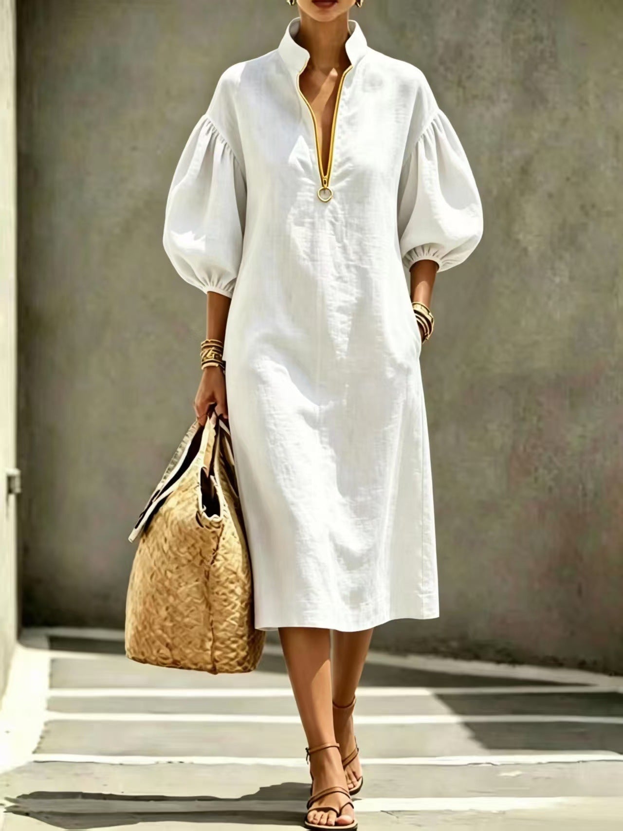 Robe Décontractée Femme – Col Montant, Manches Bouffantes, Demi‑Zip