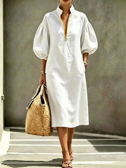 Robe Décontractée Femme – Col Montant, Manches Bouffantes, Demi‑Zip