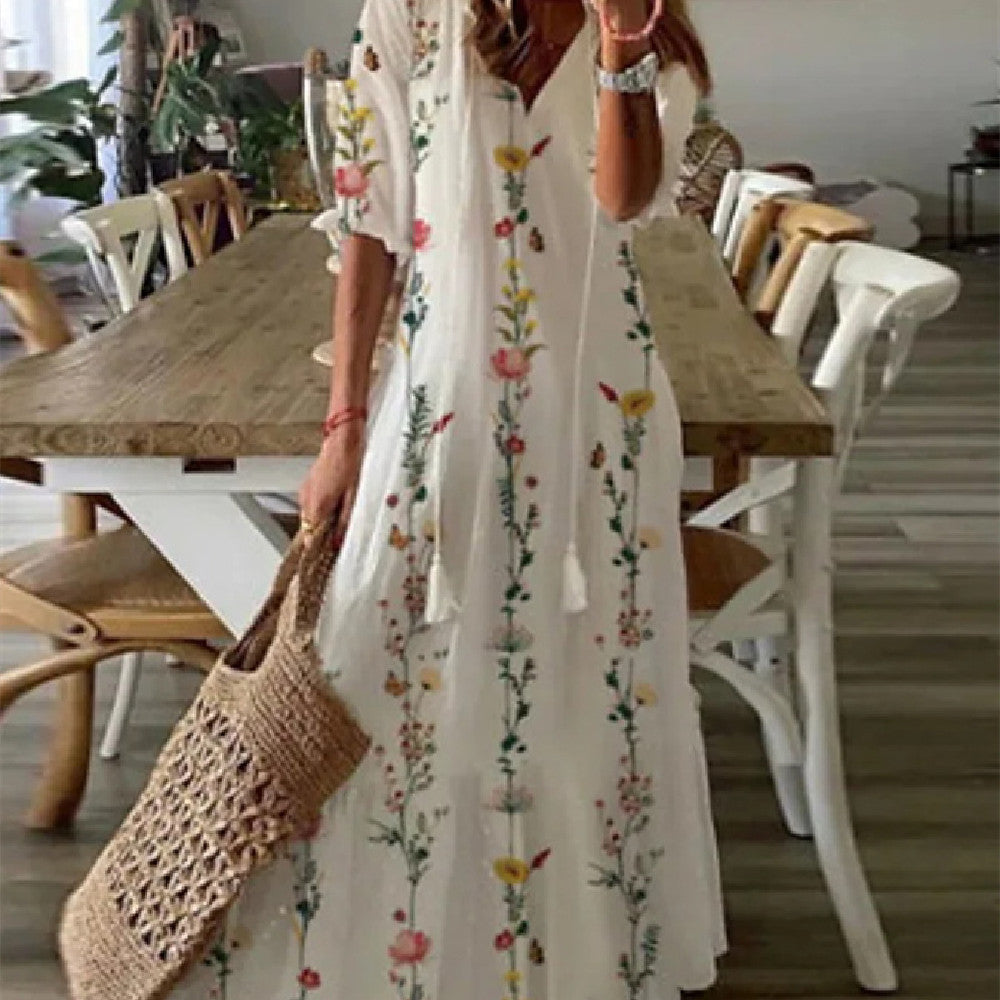 Robe longue imprimée à manches mi‑longues pour femme