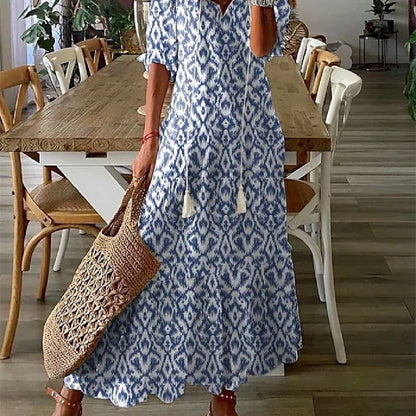Robe longue imprimée à manches mi‑longues pour femme