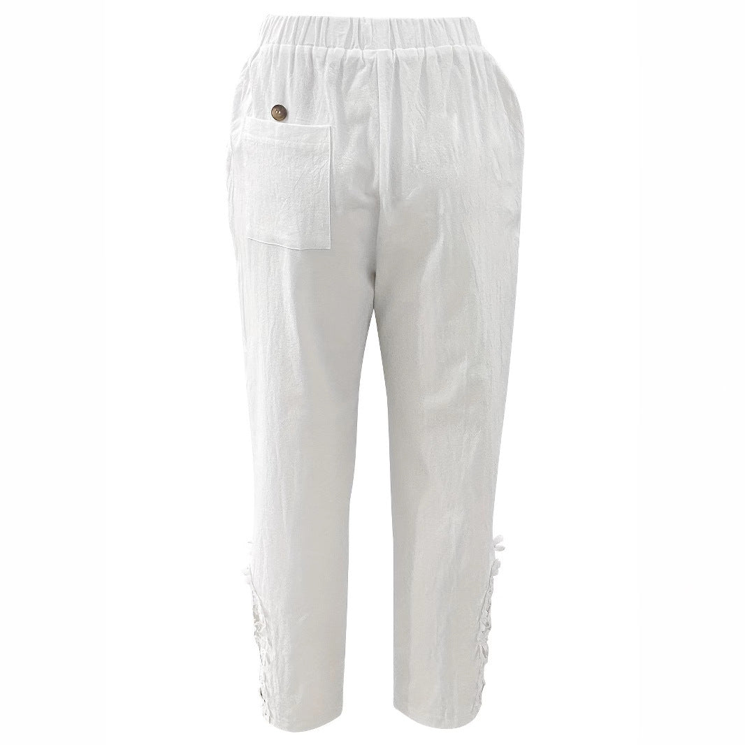 Pantalon casual droit pour femme, détails en dentelle et cordon ajustable