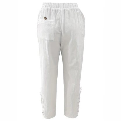 Pantalon casual droit pour femme, détails en dentelle et cordon ajustable