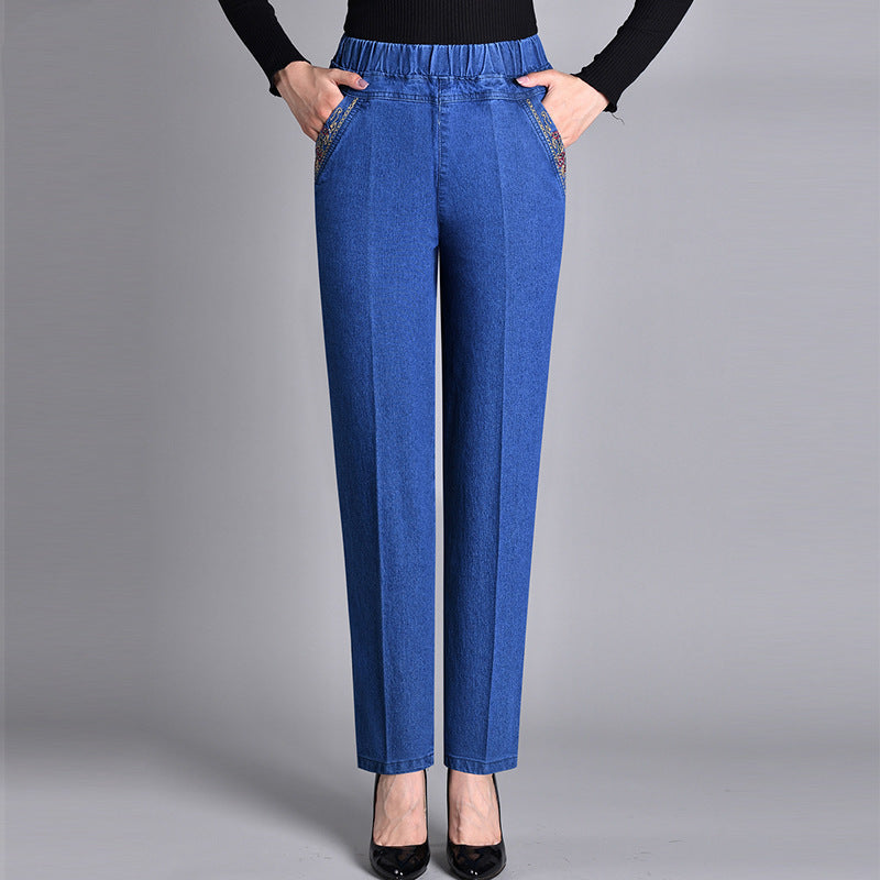 Jeans à poches latérales et taille élastiquée pour femmes