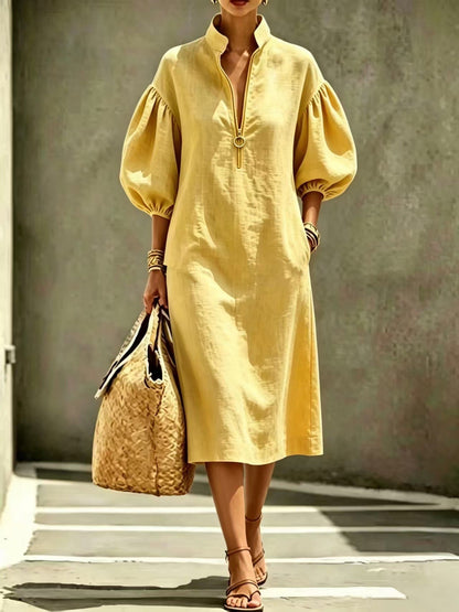 Robe Décontractée Femme – Col Montant, Manches Bouffantes, Demi‑Zip