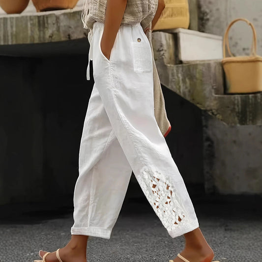 Pantalon casual droit pour femme, détails en dentelle et cordon ajustable