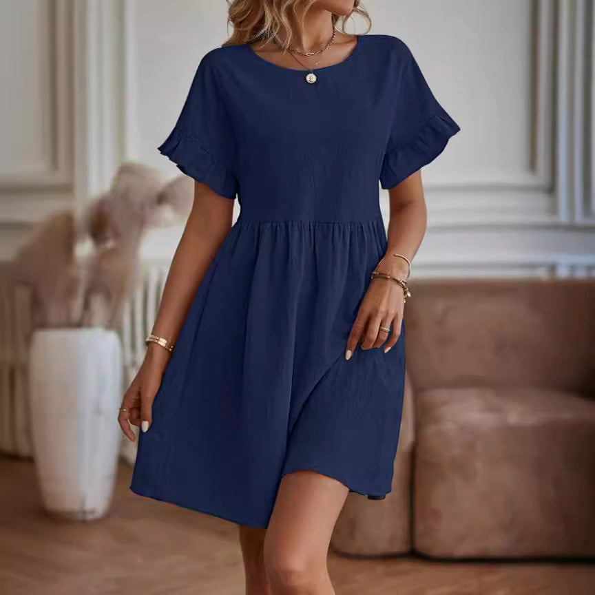 Robe élégante à col rond, ample en coton et lin
