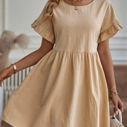 Robe élégante à col rond, ample en coton et lin