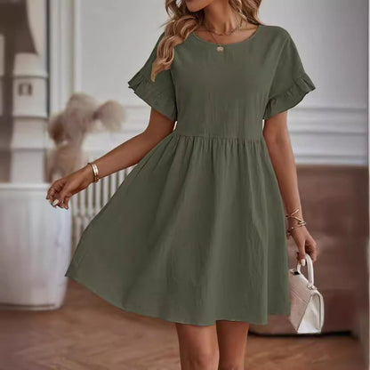 Robe élégante à col rond, ample en coton et lin