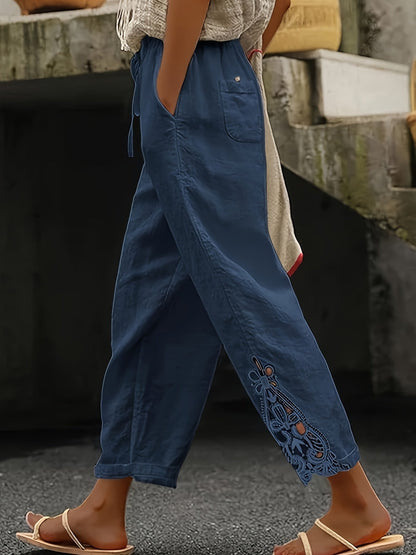 Pantalon casual droit pour femme, détails en dentelle et cordon ajustable