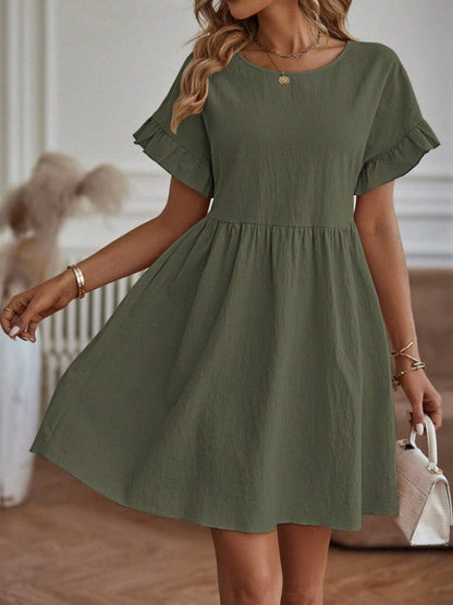 Robe élégante à col rond, ample en coton et lin