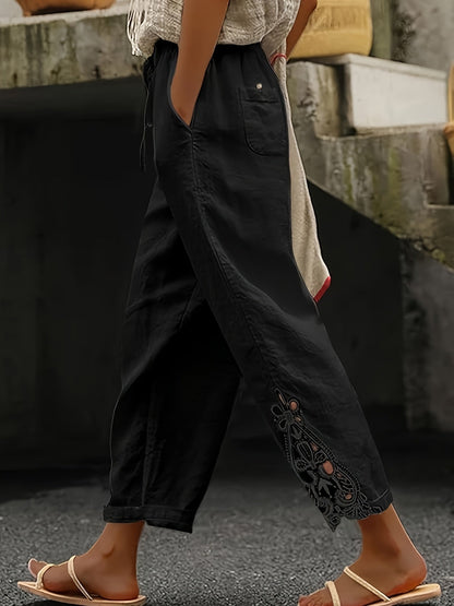 Pantalon casual droit pour femme, détails en dentelle et cordon ajustable