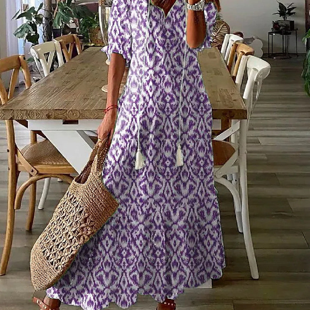 Robe longue imprimée à manches mi‑longues pour femme