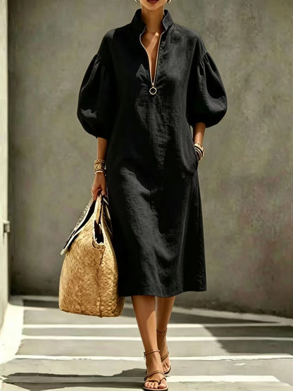 Robe Décontractée Femme – Col Montant, Manches Bouffantes, Demi‑Zip