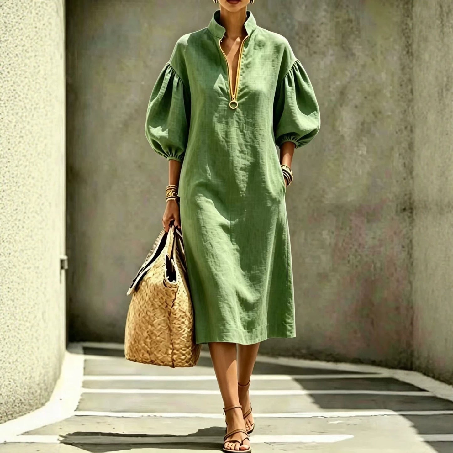 Robe Décontractée Femme – Col Montant, Manches Bouffantes, Demi‑Zip