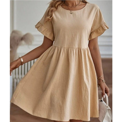 Robe élégante à col rond, ample en coton et lin