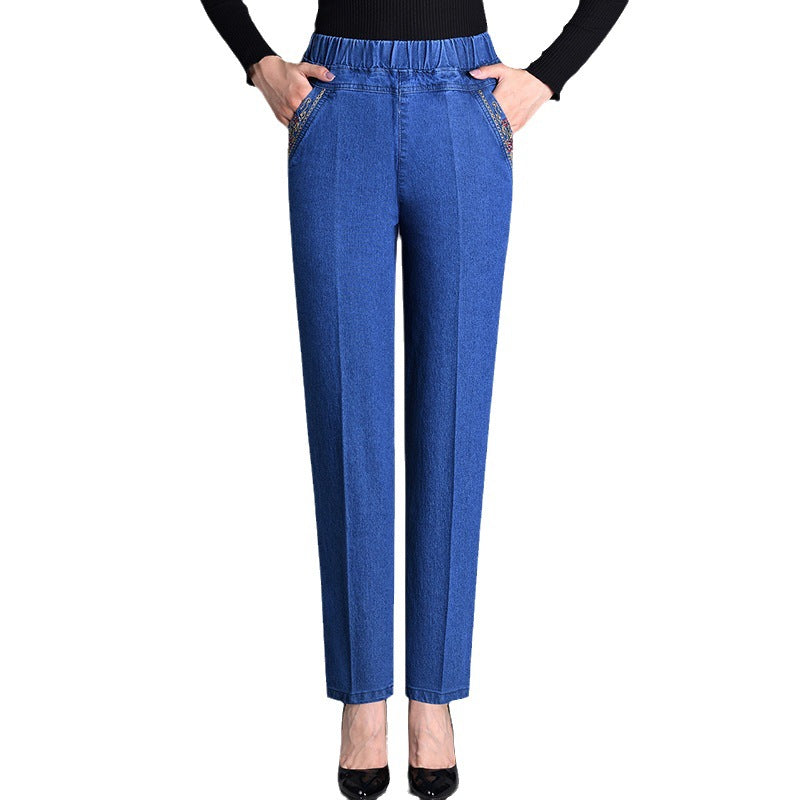 Jeans à poches latérales et taille élastiquée pour femmes
