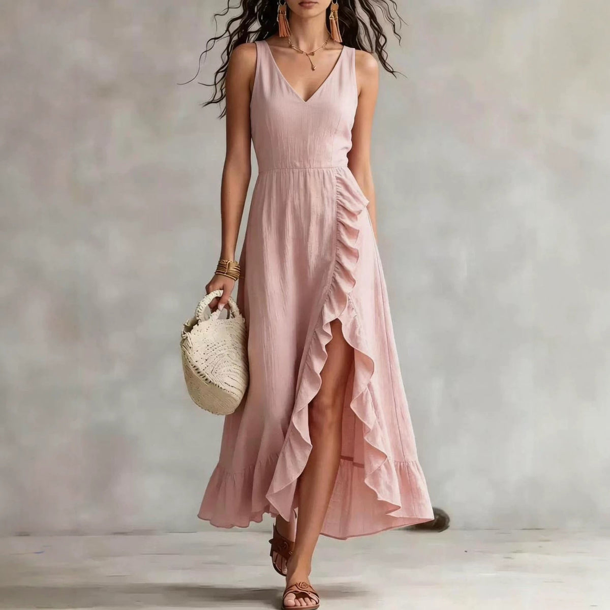 Robe élégante fendue, col en V et détails volantés