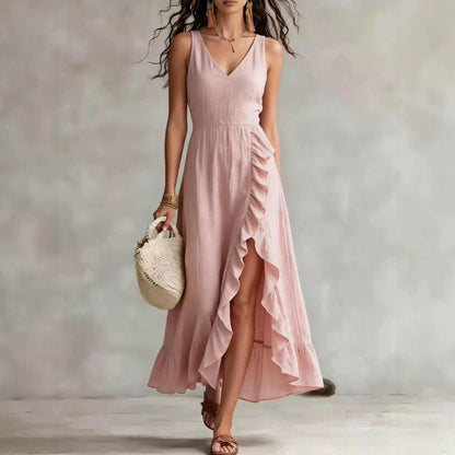 Robe élégante fendue, col en V et détails volantés