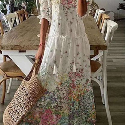 Robe longue imprimée à manches mi‑longues pour femme