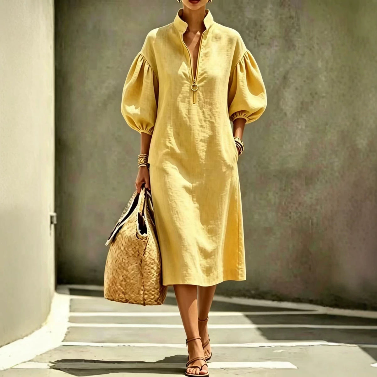 Robe Décontractée Femme – Col Montant, Manches Bouffantes, Demi‑Zip